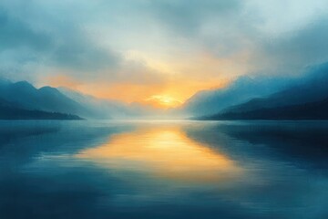 Fototapeta premium Serene Sunset Over Calm Mountain Lake Waters