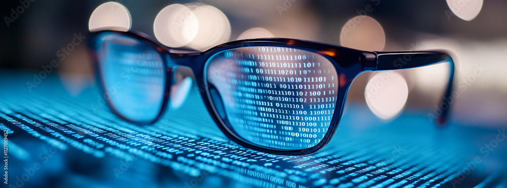 Aufkleber digital glasses reflecting binary code on glowing surface, symbolizing technology and data analysis.
