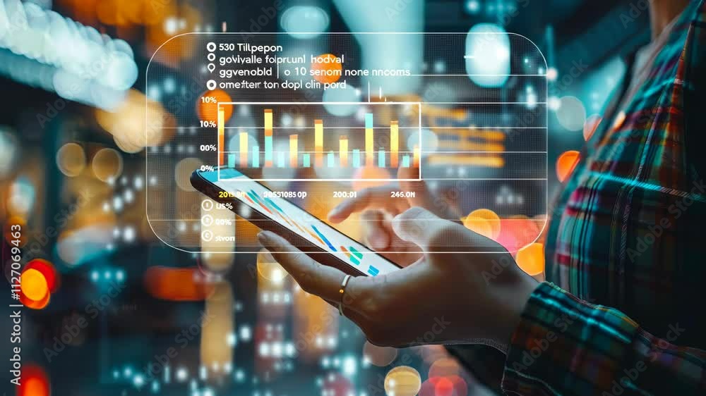Poster exploring data analysis techniques on a smartphone in a vibrant urban setting