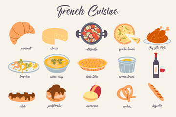 Collection hand drawn french cuisine foods