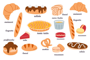 Collection hand drawn french cuisine bakery