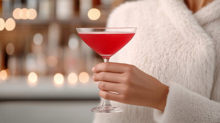 A woman elegantly holding a cocktail glass, enjoying a festive and sophisticated evening. The vibrant red drink adds a touch of glamour and celebration to the scene.