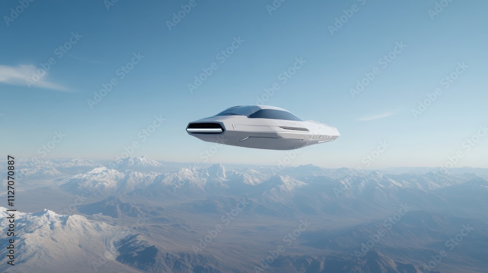 Poster a 3d visualization of a futuristic spaceship floating above a desolate planet