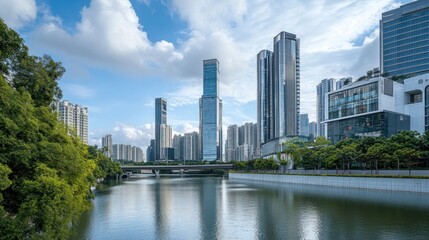 Fototapeta premium Urban Skyline with Reflections in a River