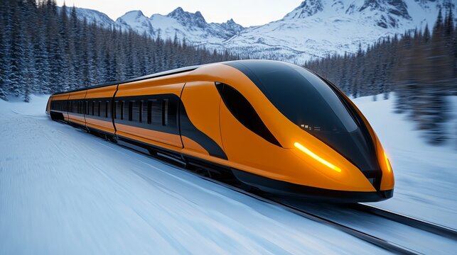 A sleek orange train racing through a snowy landscape, surrounded by majestic mountains and evergreen trees, showcasing advanced design and engineering.