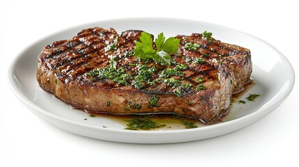 Grilled steak with chimichurri sauce on white plate.