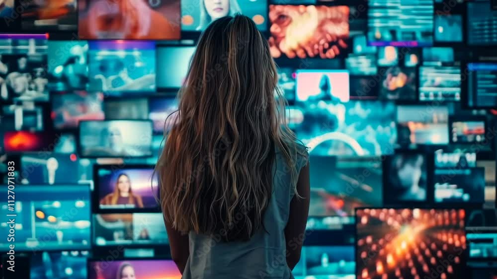 Poster woman observes multiple digital screens displaying vibrant visuals in a modern tech environment