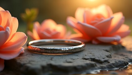 Sunrise illuminates a delicate silver bangle resting on a rock, surrounded by soft, peach-hued blossoms. Tranquil beauty.