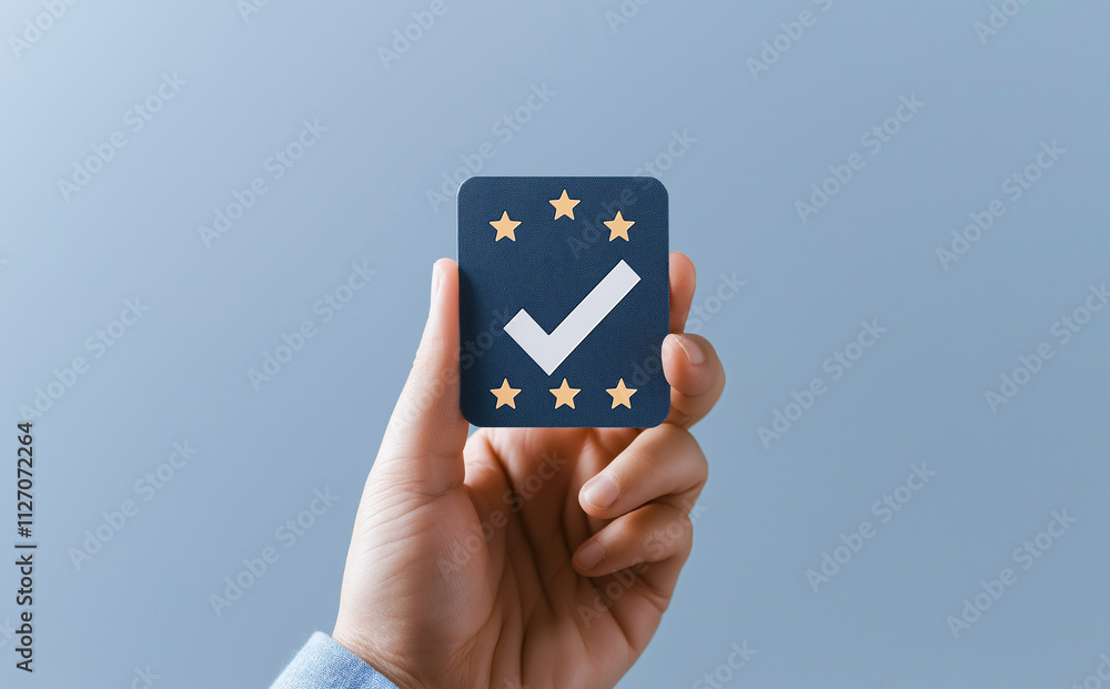 Poster hand holding badge featuring checkmark and stars, symbolizing approval and quality assurance. this c