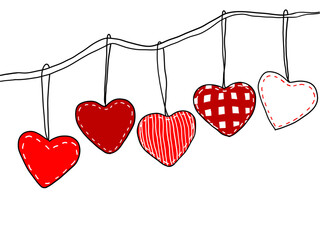 Hearts sewn from fabric for Valentine's Day. A simple linear hand-drawn drawing.