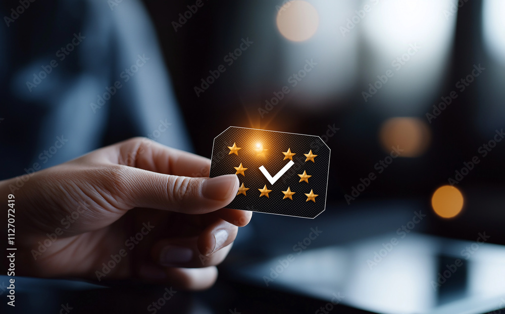 Poster hand holding virtual badge with stars and checkmark, symbolizing approval and quality. background is