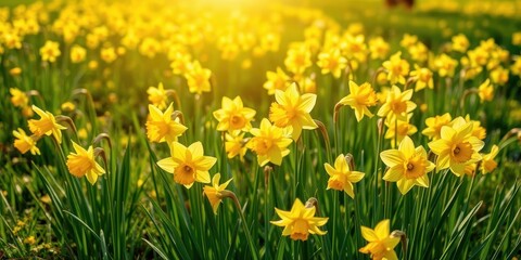Fototapeta premium Lush field of vibrant yellow daffodil flowers swaying gently in the breeze under a clear blue sky, landscape, nature