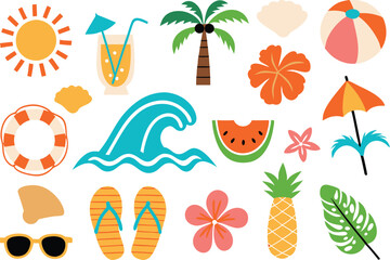 Summer Vacation Icons Sun, Beach, Ocean, Fun, Tropical Paradise