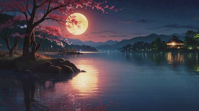 Full moon view among cherry trees, 4K seamless looping virtual video animation background