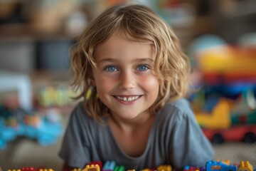 A cheerful child smiles brightly while playing with colorful building blocks.