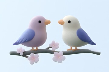Fototapeta premium 3D Illustration Two Birds on Branch with Blossoms: Springtime Animation