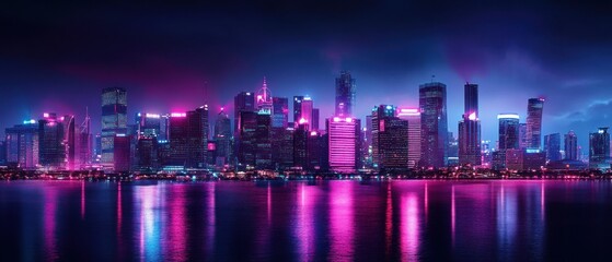 Fototapeta premium Background of cyberpunk city buildings illuminated neon lights Glowing pink and purple neon signs, wallpaper AI generated image