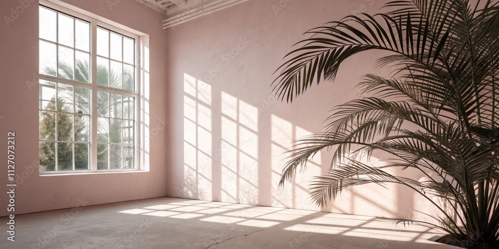 Poster a large window with a view of trees casting sunlight onto the interior wall, revealing a large potte