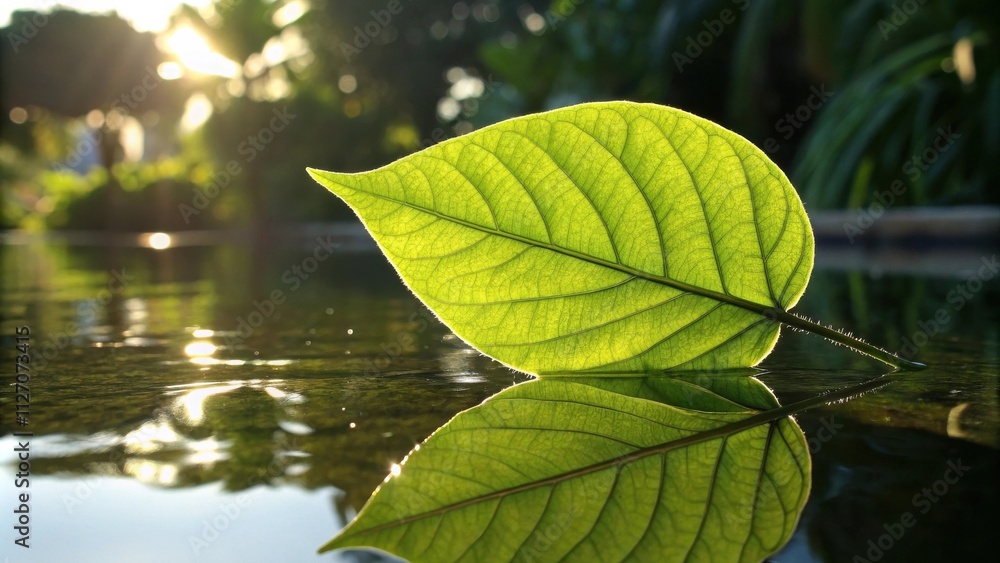 Poster a single green leaf floats on a still body of water, its reflection mirroring its intricate veins an