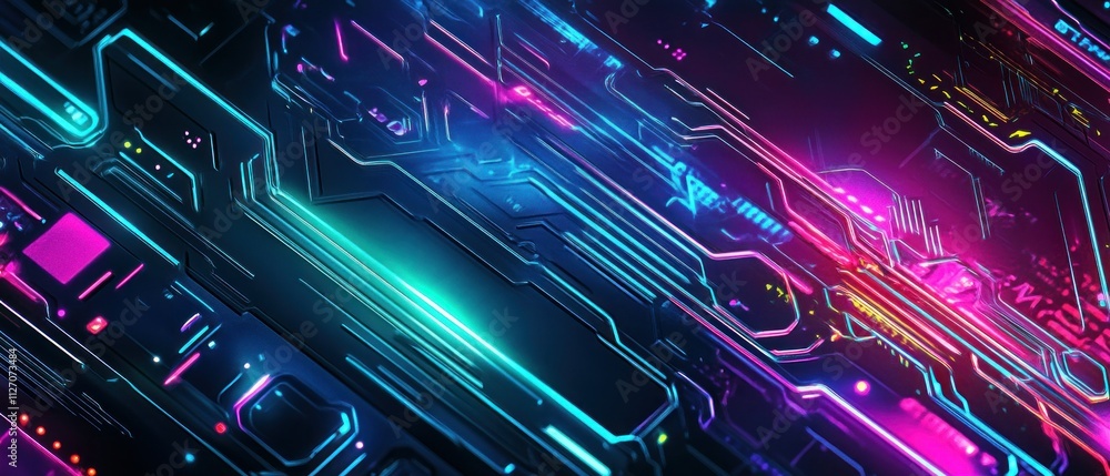 Poster neon gaming background featuring sharp angular shapes and glowing circuit board patterns in electric