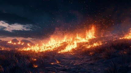 Dramatic Wildfire Front Igniting Night Sky with Fiery Blazes