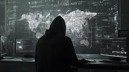 A hooded figure works at multiple screens displaying data and a world map, suggesting hacking.