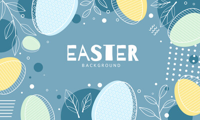 Happy Easter banner. Trendy Easter design with typography, eggs in pastel colors. Modern minimal style. Horizontal poster, greeting card, header for website.