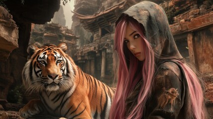 Fototapeta premium An Asian woman with long flowing pink hair, hidden behind a hood, stands in front of a ruined temple accompanied by a tiger background wallpaper AI generated image