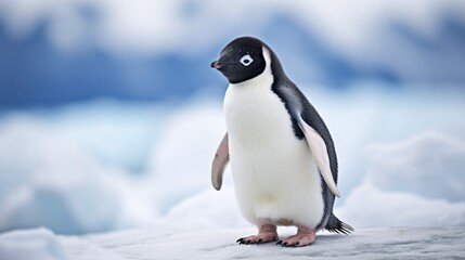 Fototapeta premium Majestic Penguin Standing on Icy Terrain in Sharp Focus with Snowy Background Bokeh