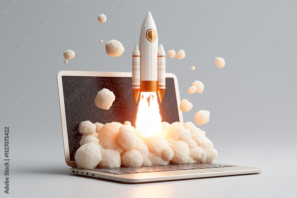 Poster rocket launching from laptop, surrounded by clouds and particles, symbolizes innovation and technolo