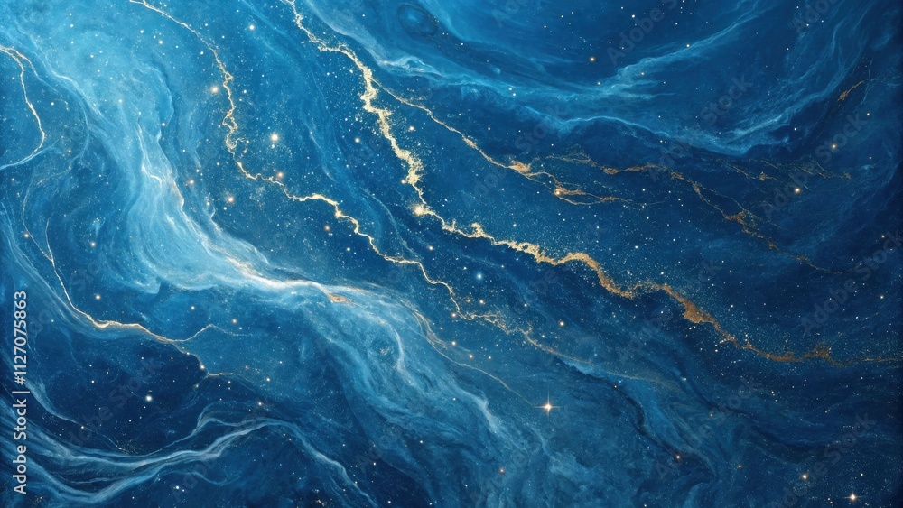 Poster a mesmerizing swirl of blue and gold, resembling a celestial galaxy with twinkling stars and etherea