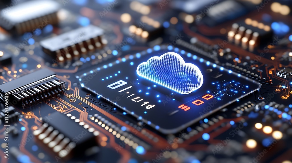 Poster digital cloud computing concept with data streams and circuit board background