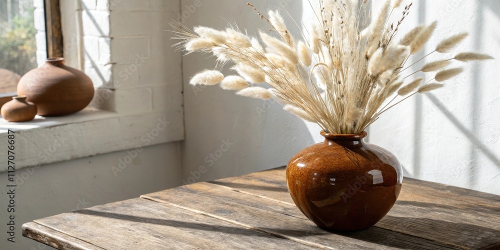 Poster dried pampas grass in a brown vase on a rustic wooden table with sunlight streaming through a window