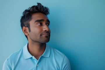 Obraz premium Portrait of a blissful indian man in his 20s donning a classy polo shirt isolated on soft blue background
