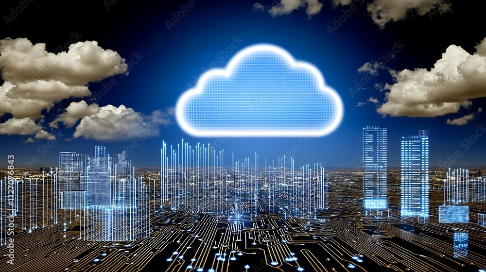 Poster digital cloud computing concept with data streams and circuit board background