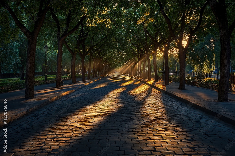 Poster tree-lined avenue at dusk with long intricate shadows stretching across cobblestone path