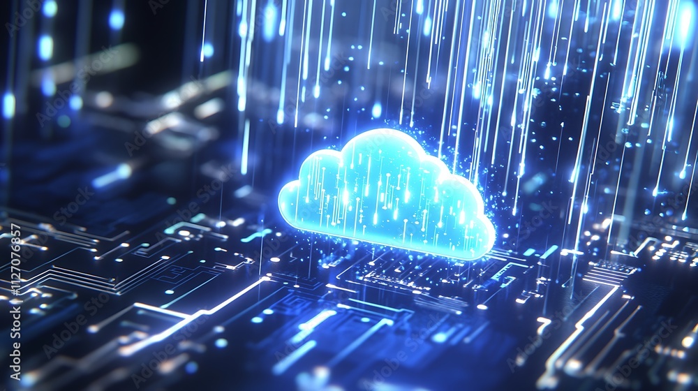 Poster digital cloud computing concept with data streams and circuit board background