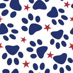 Cute cat paw prints in USA national flag blue red white seamless vector pattern patriotic background