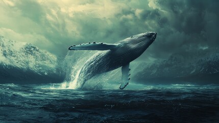 Fototapeta premium Majestic Humpback Whale Breaching in Turbulent Ocean Waters