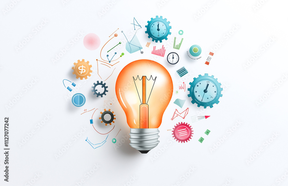 Poster light bulb surrounded by colorful gears and innovation symbols represents creativity and ideas. this