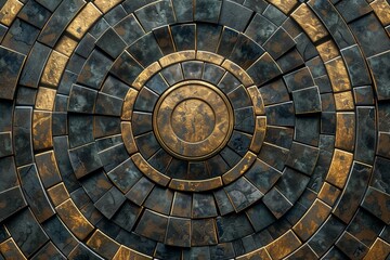 Fototapeta premium Top-down view of an ancient, circular patterned wall with golden and dark gray metal tiles