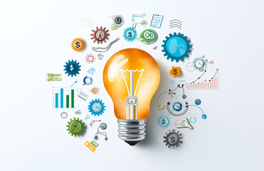 light bulb surrounded by colorful gears and business icons symbolizes innovation and creativity. This concept highlights connection between ideas and progress in various industries