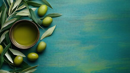 Green olives and olive oil with fresh leaves arranged on a vibrant wooden table