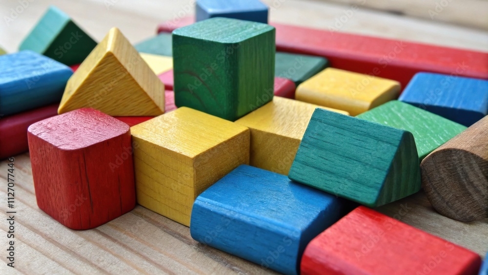Aufkleber A Collection of Colorful Wooden Blocks Arranged in a Playful Pattern on a Wooden Surface