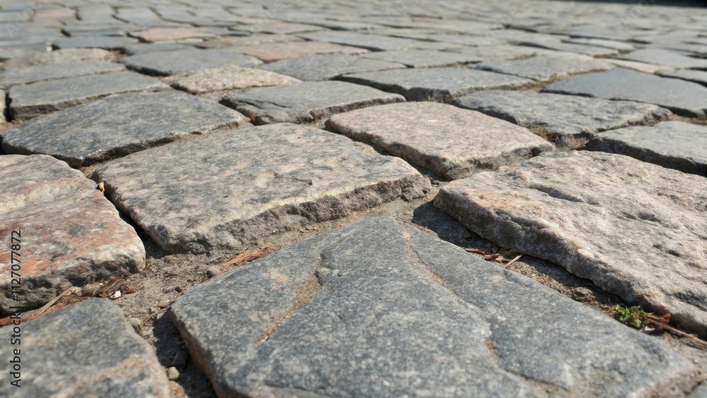 Poster A close-up perspective of an uneven cobblestone path, showcasing the natural texture and variations in the stone, with subtle hints of sunlight and small vegetation peeking through the cracks