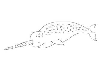 Cute Cartoon Narwhal Whale. Arctic, Polar sea animal. Creature image outline doodle icon. Vector Illustration.