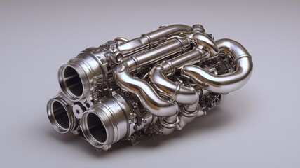 Fototapeta premium mechanics repair concept. Complex metallic engine component with intricate piping and connectors.