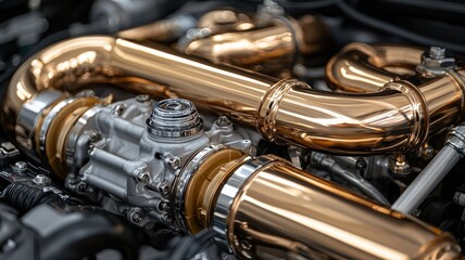 Naklejka premium mechanics repair concept. Close-up of metallic pipes and components in an automotive engine.