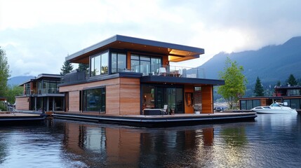 Fototapeta premium Modern Sustainable Floating Home in a Serene Community Setting