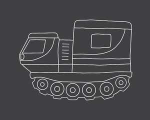 Cute Cartoon Snow Truck. Arctic, Polar station transport image outline doodle icon. Vector Illustration.